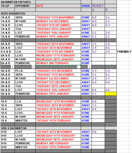 Badminton Fixtres For Jan 2026